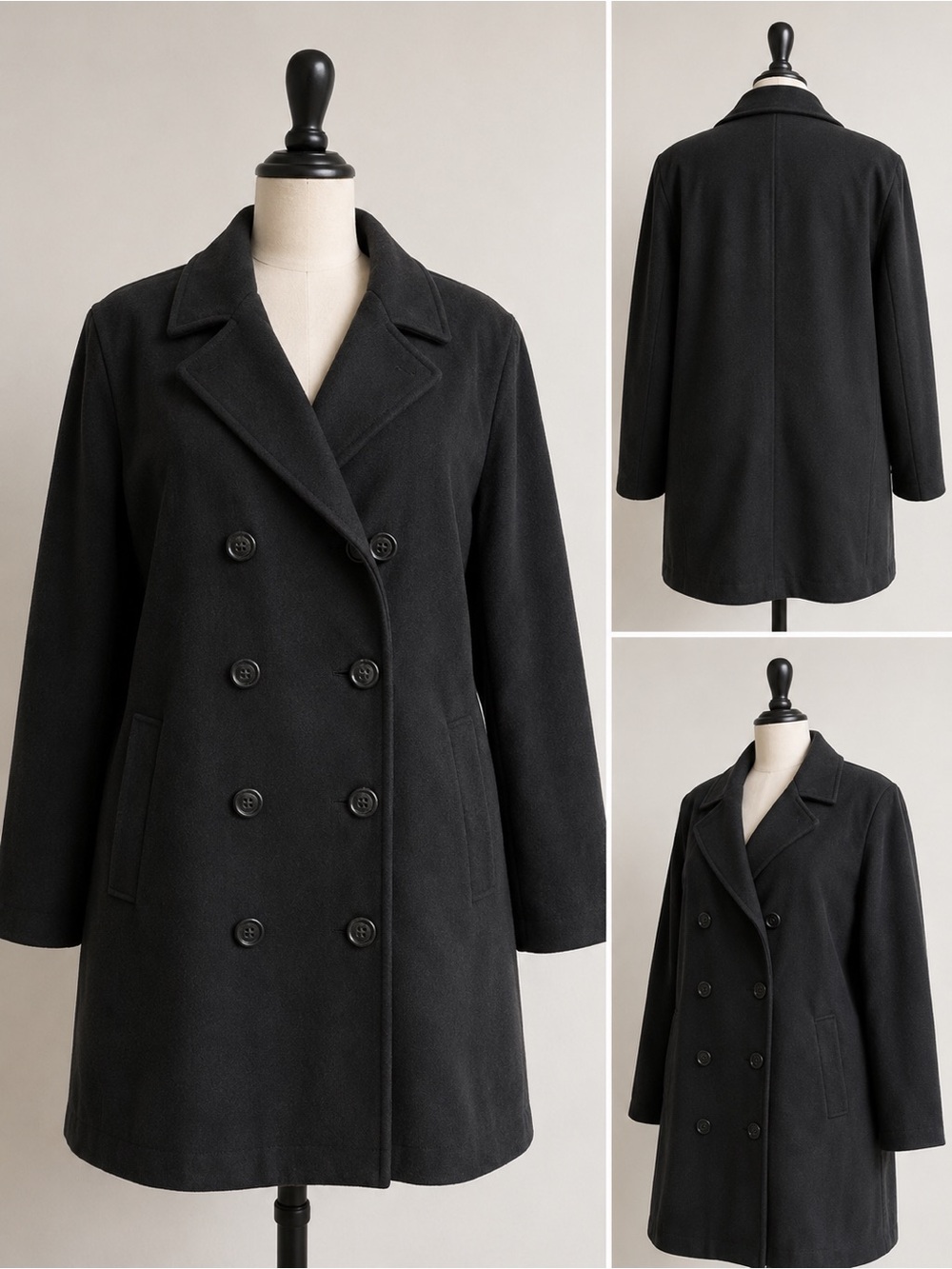 Black Double Breasted Peacoat XXL Classic Goth Old Money Trench Coat